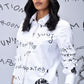Stylera white button shirt with black handwritten graphics and floral print trendy graphic shirts for women