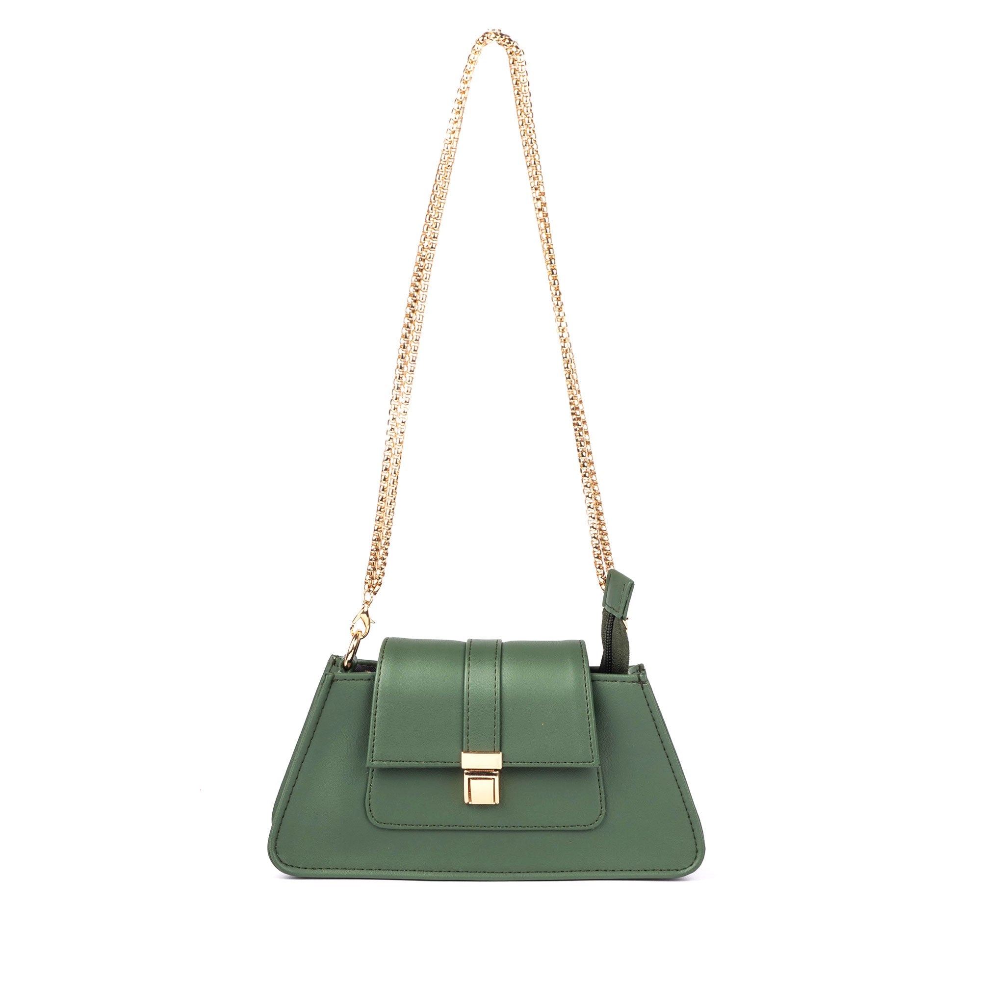 Trendy green handbag with a sleek design and gold chain strap for stylish outings