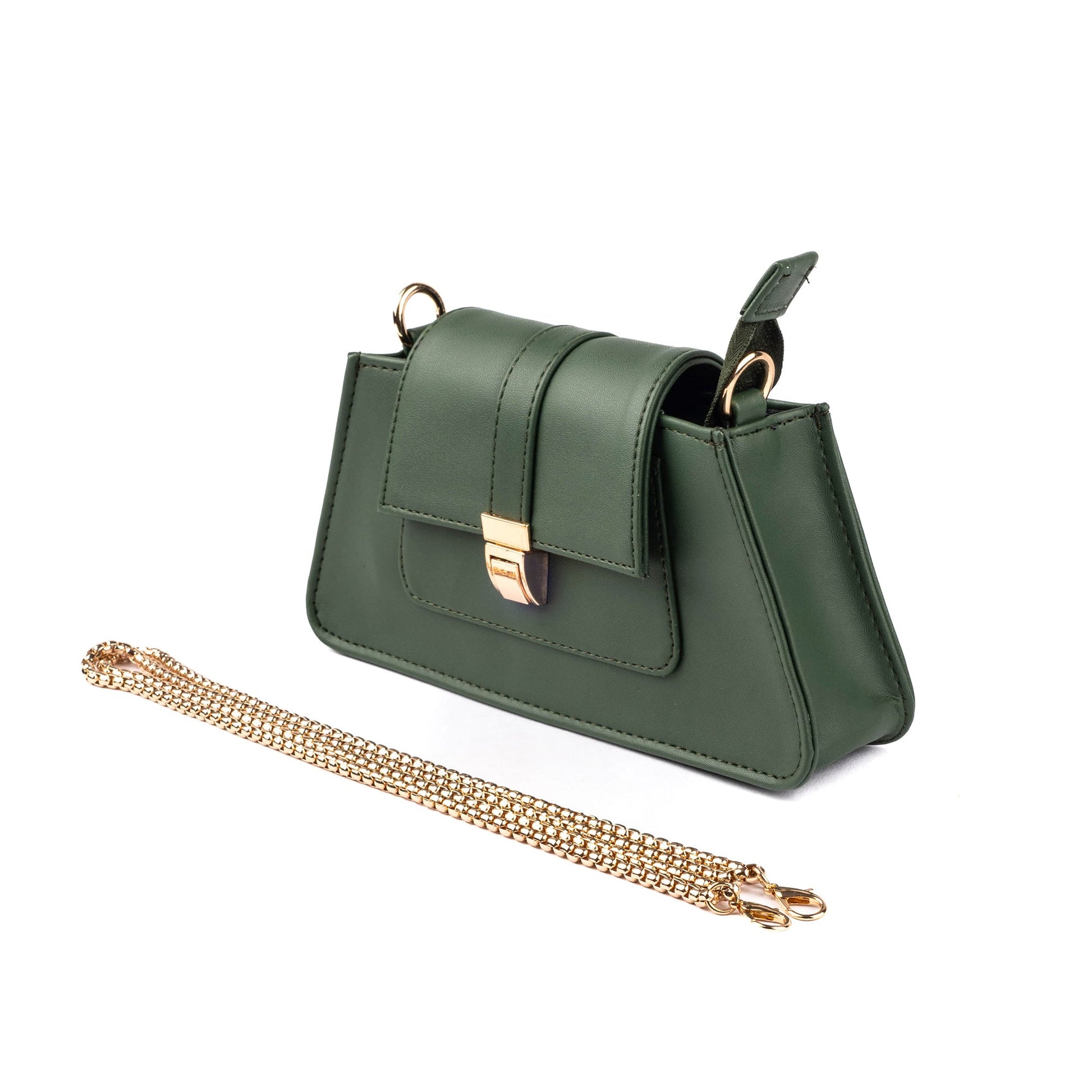 Trendy green handbag by Stylera with gold chain strap and unique design