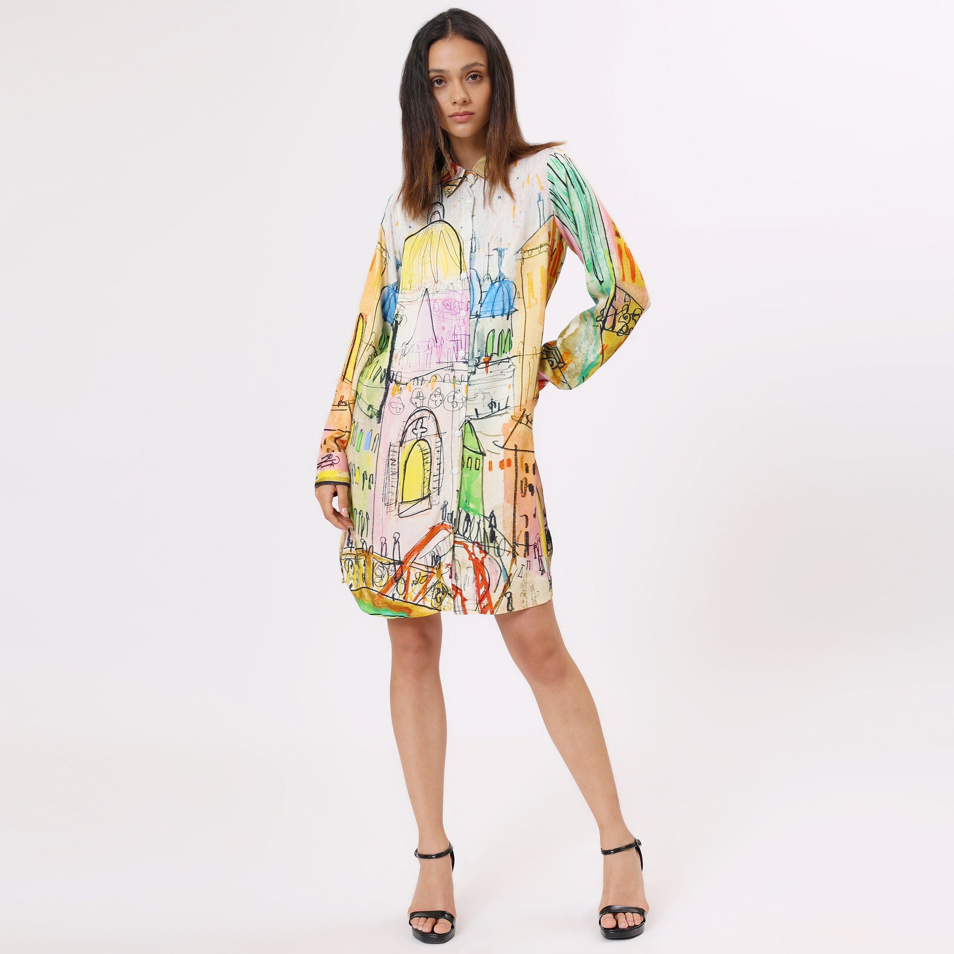 Stylera trendy long sleeve dress for spring with colorful artistic prints and relaxed fit