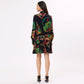 Stylera trendy long sleeve dress for women with a colorful abstract design and ruffled hem