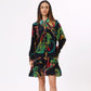 Stylera trendy long sleeve dress for women in vibrant print with button details and ruffled hem