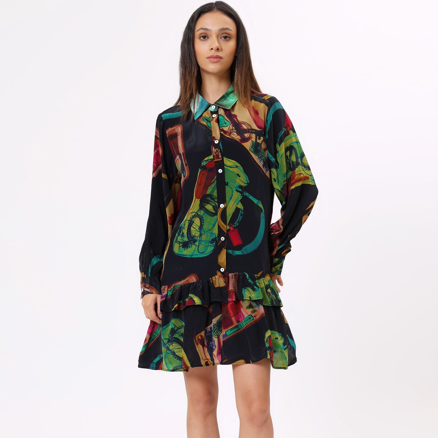 Stylera trendy long sleeve dress for women in vibrant print with button details and ruffled hem