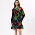 Stylera trendy long sleeve dress for women in vibrant print with button details and ruffled hem