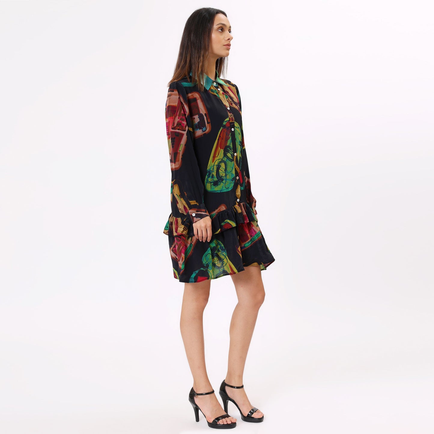 Stylera trendy long sleeve dress for women with colorful print and tiered hemline