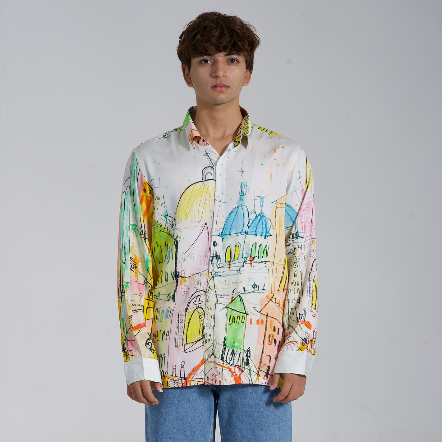 Stylera trendy long sleeve shirt for men featuring colorful cityscape illustration design