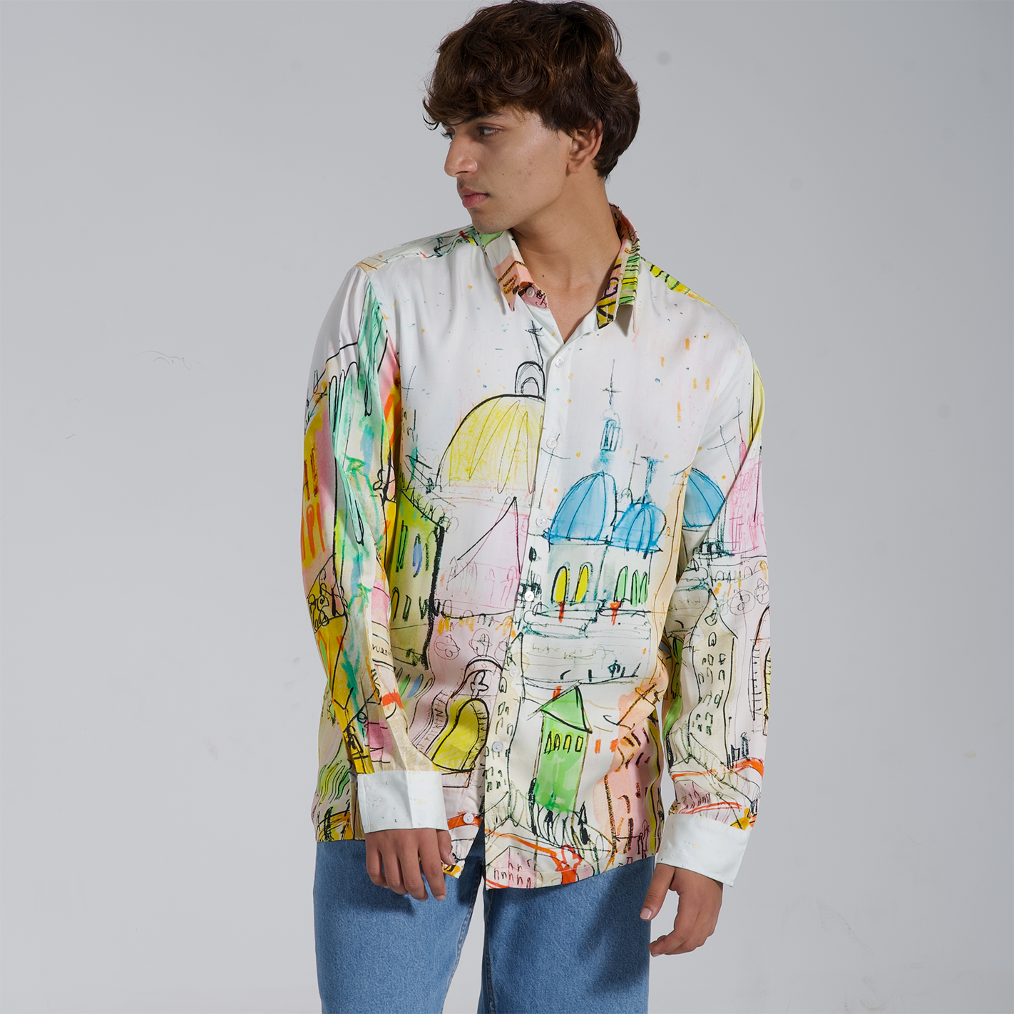 Stylera trendy long sleeve shirt for men featuring a colorful artistic design and relaxed fit