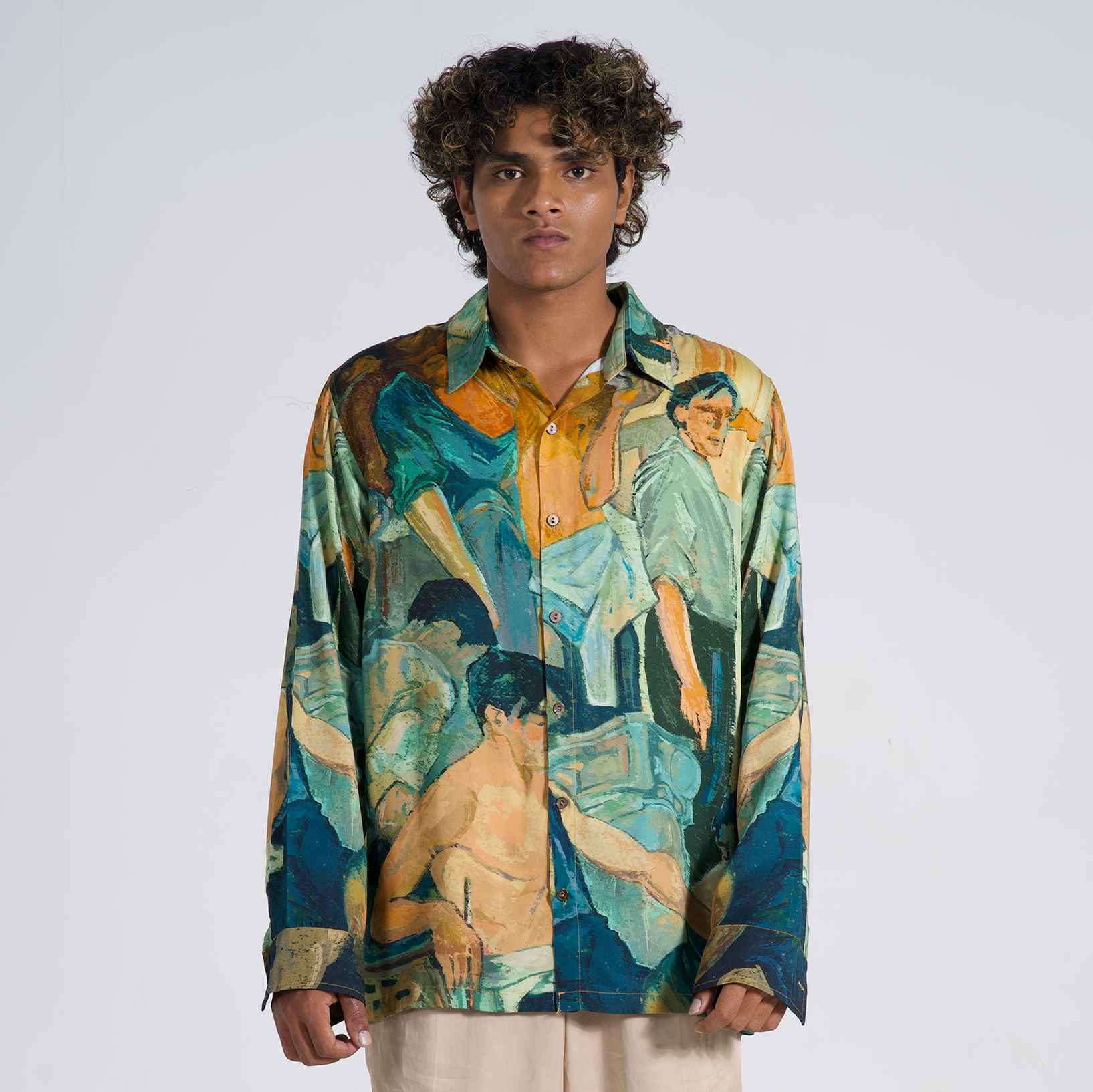 Stylera trendy long sleeve shirts for men featuring a colorful artistic design and relaxed fit