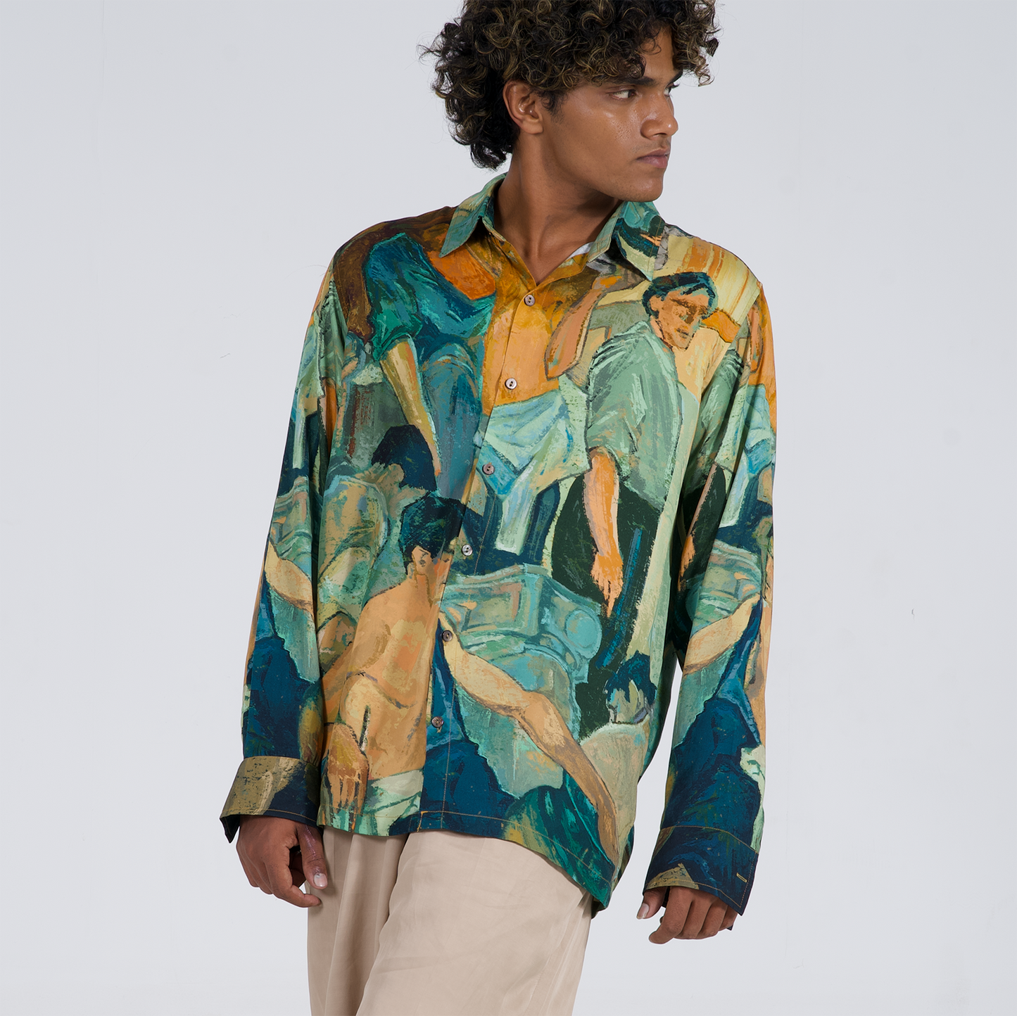 Stylera trendy long sleeve shirts for men featuring an artistic print with vibrant colors on a relaxed fit