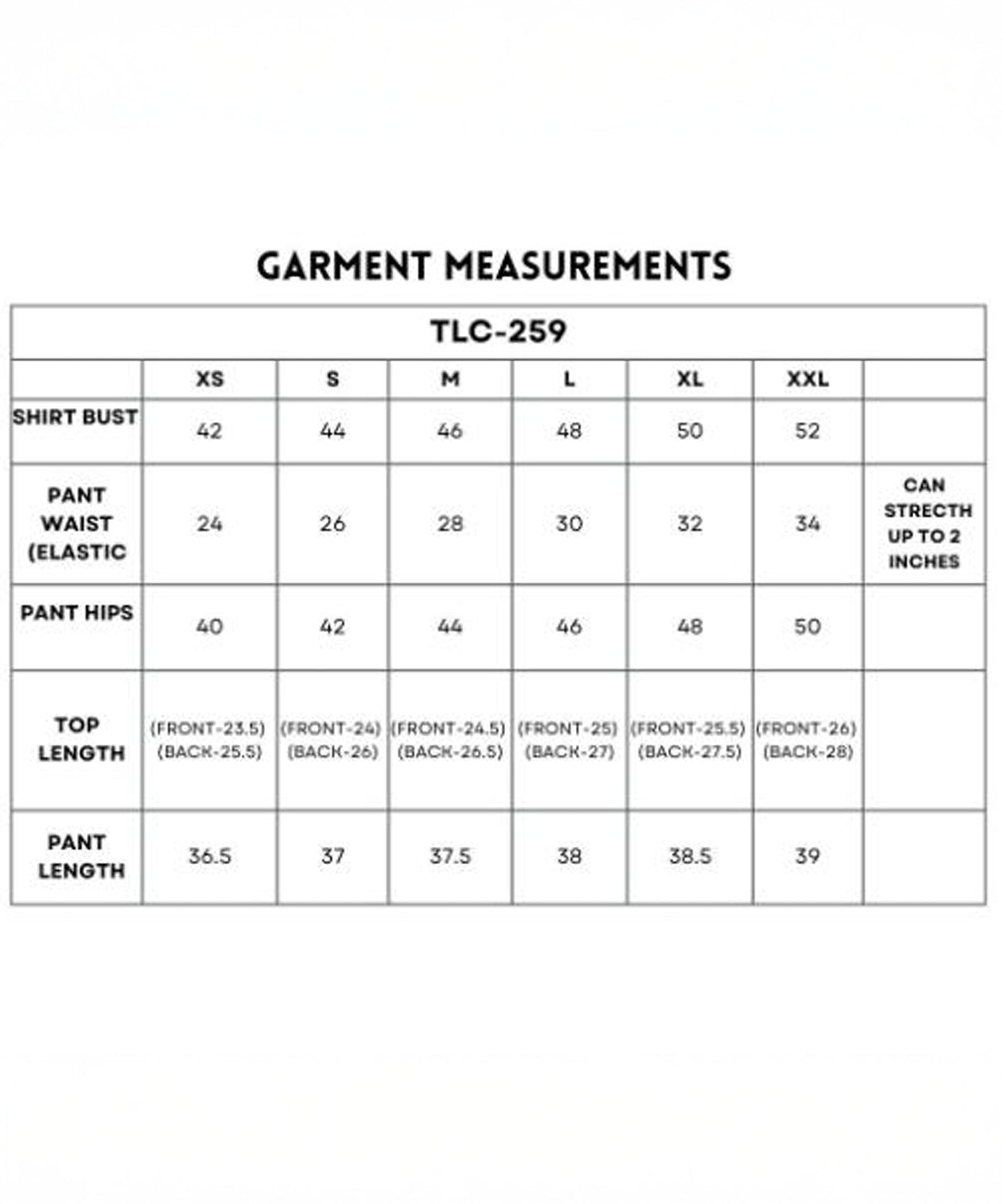 Garment measurement chart for trendy matching outfits for women with sizes XS to XXL