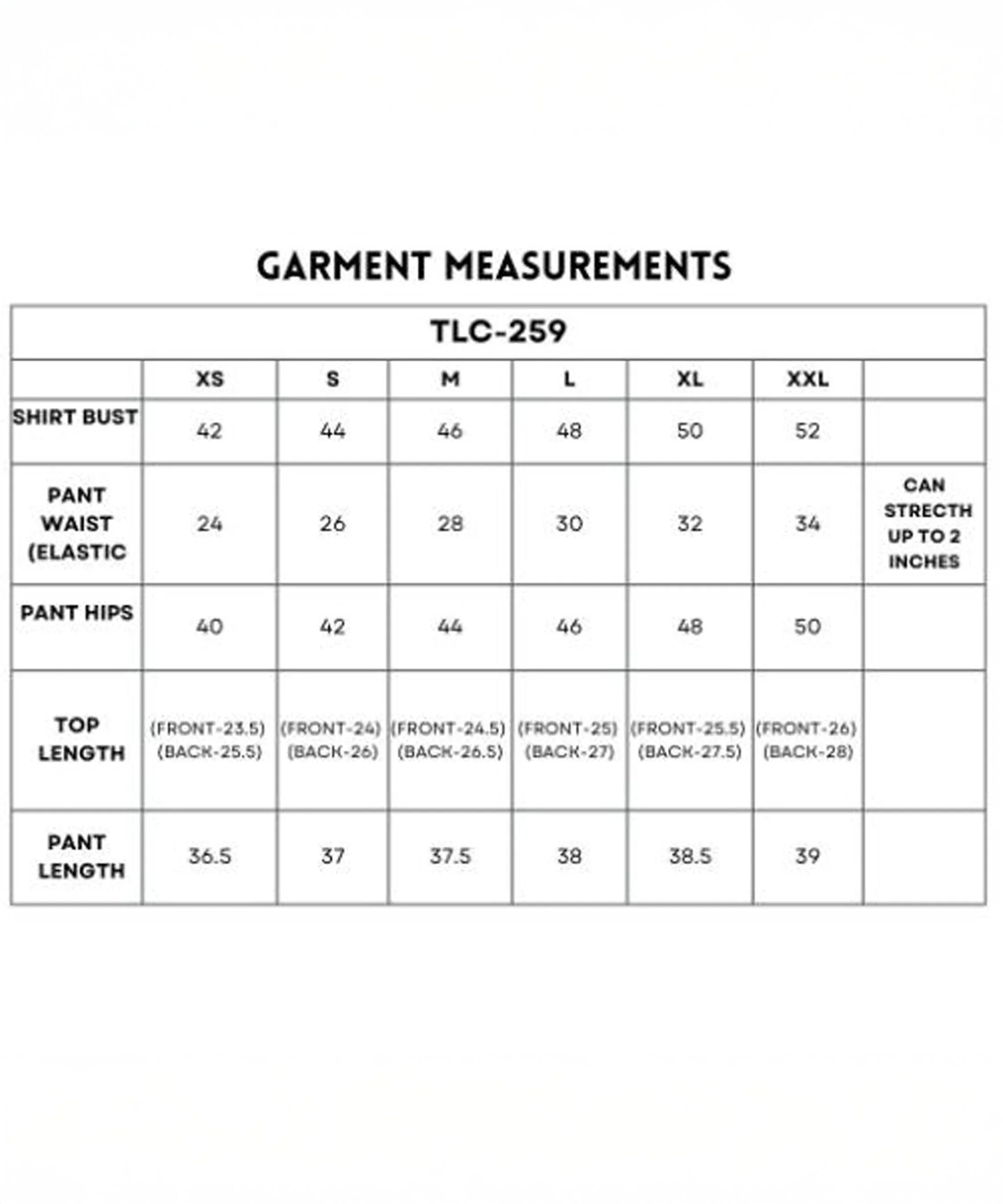 Garment measurement chart for trendy matching outfits for women with sizes XS to XXL