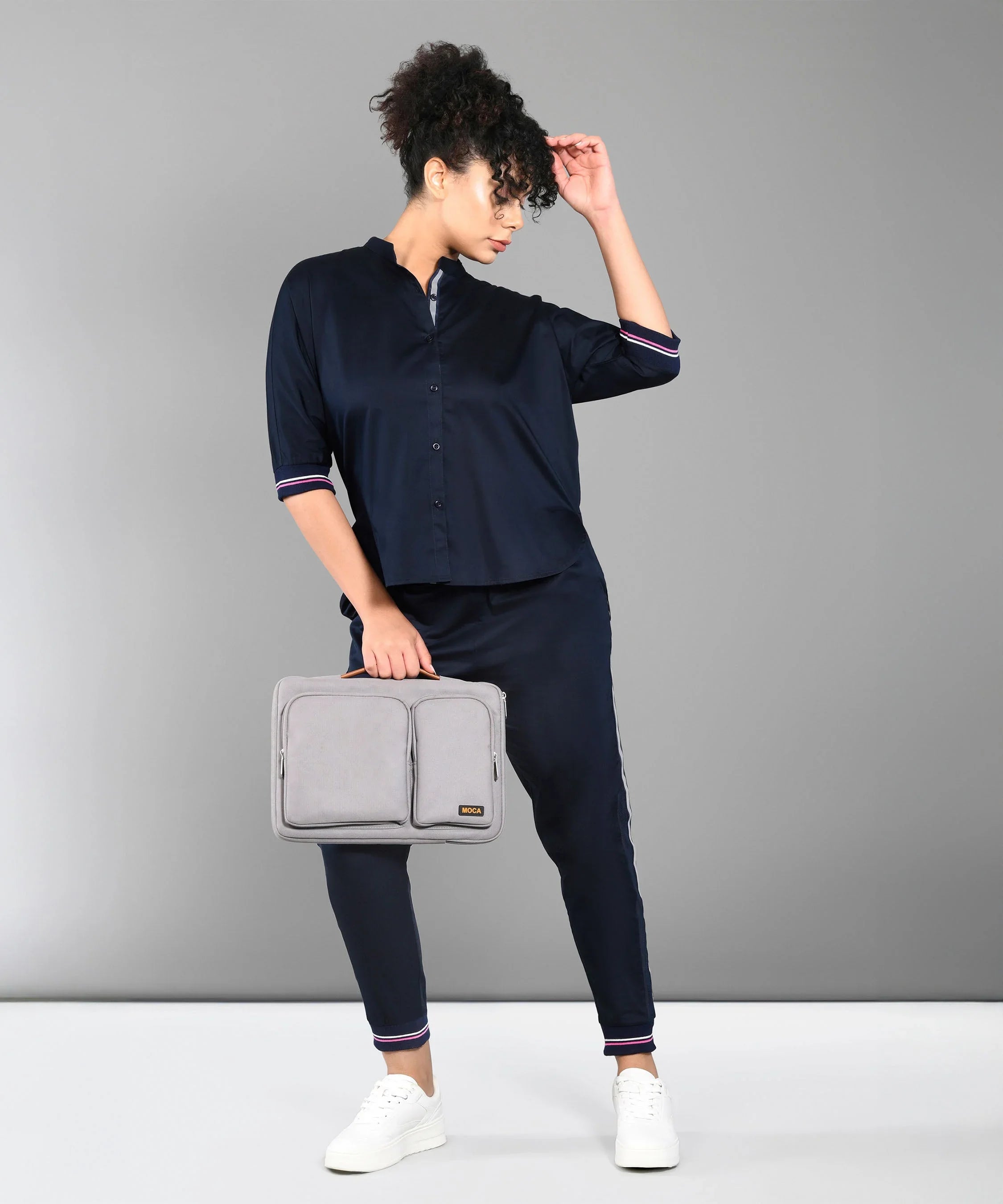 Navy Stylera trendy matching outfits for women with stylish button-up top and fitted pants