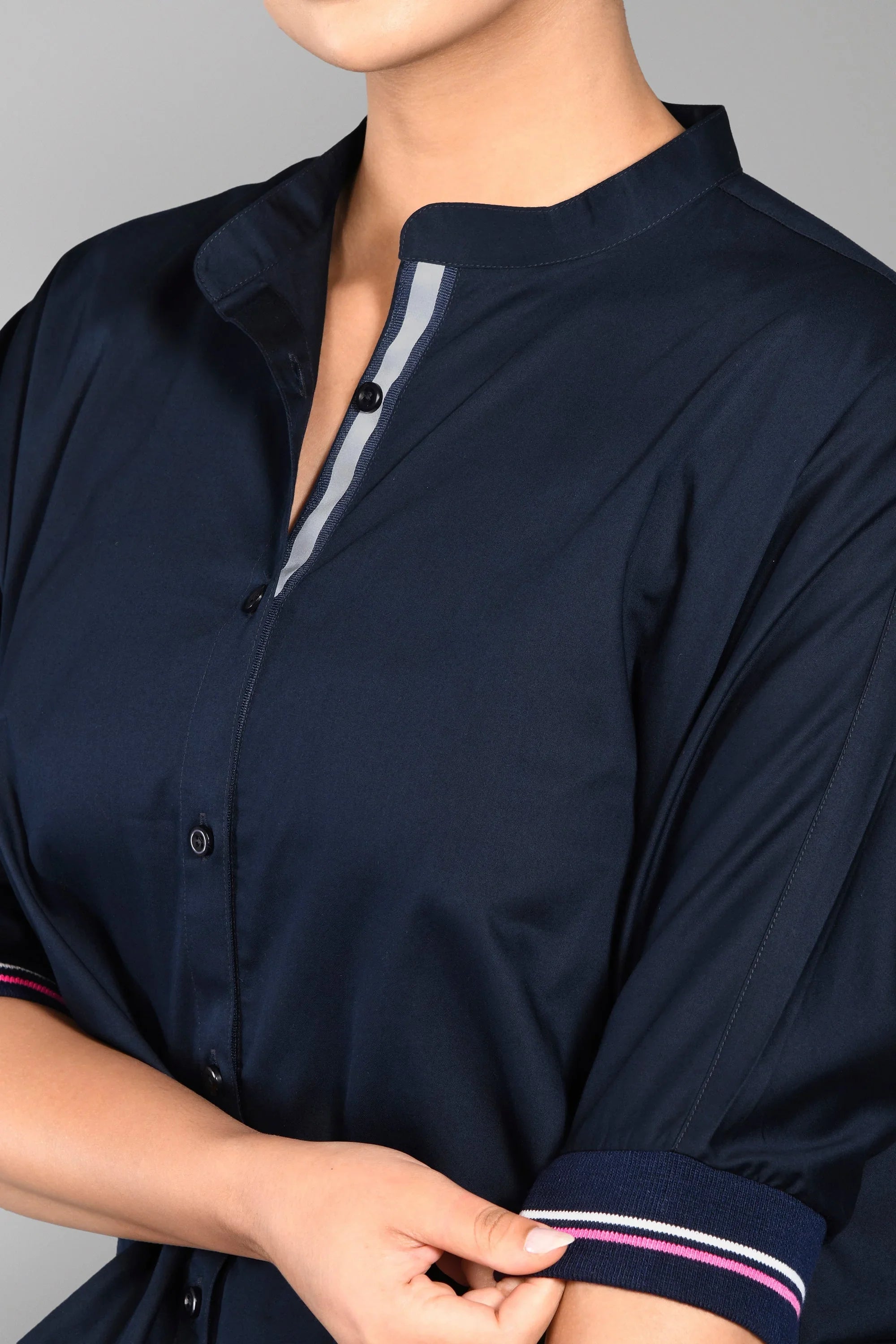 Navy Stylera Shirt with Stylish Collar and Button Details, featuring trendy matching outfits for women