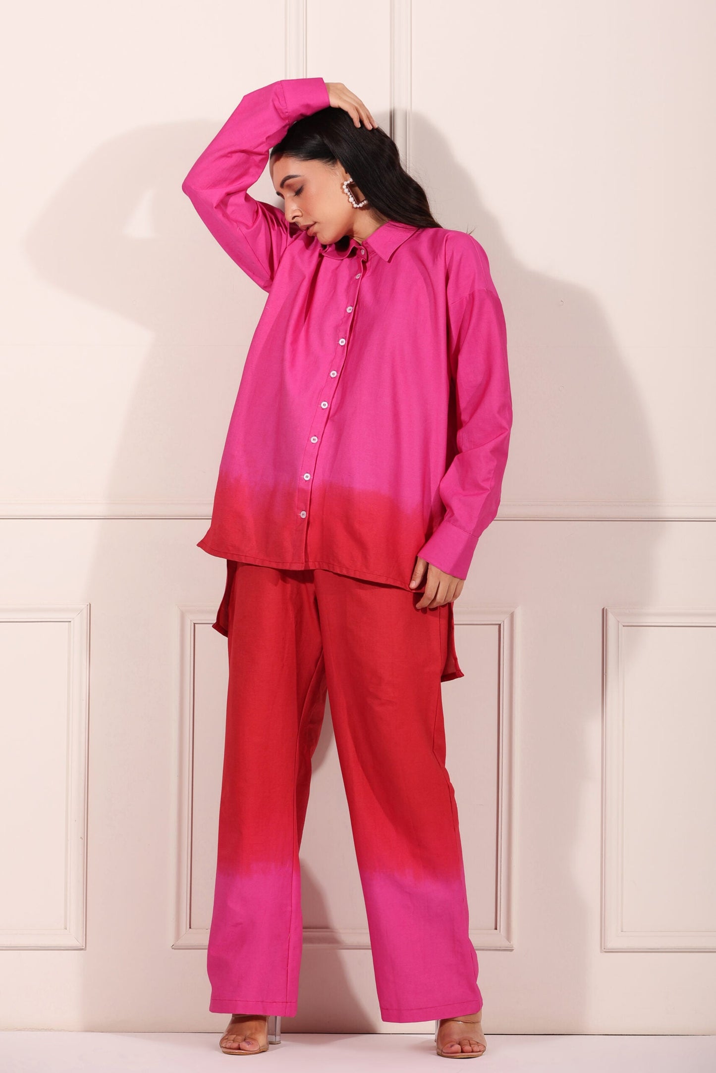 Trendy matching outfits for women featuring a pink ombre shirt and pants set for a stylish look