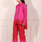Trendy matching outfits for women featuring a pink ombre shirt and red pants for a stylish look
