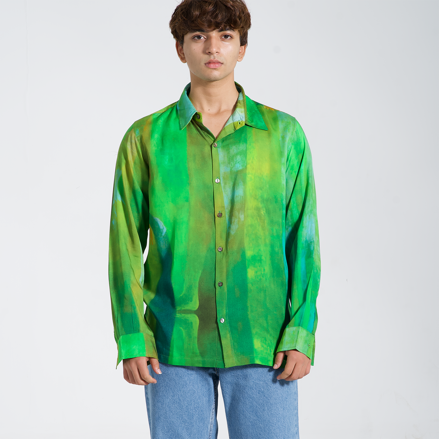 Stylera trendy men’s casual button up shirt in green with a vibrant, colorful design