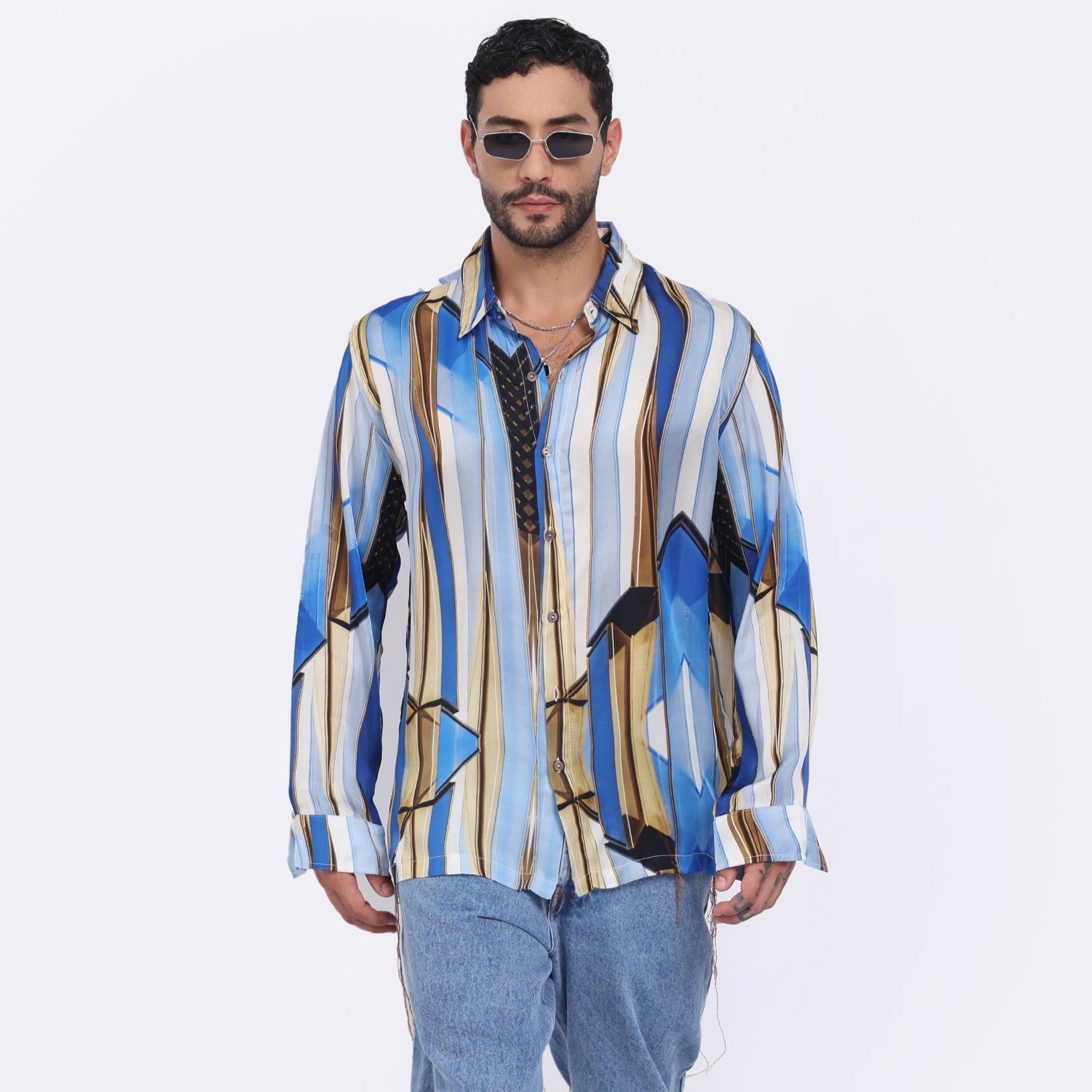 Trendy men's long sleeve shirt with a blue and beige striped pattern, perfect for casual wear