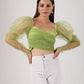 Trendy mesh crop top for women in light green with puffed sleeves and a fitted bodice