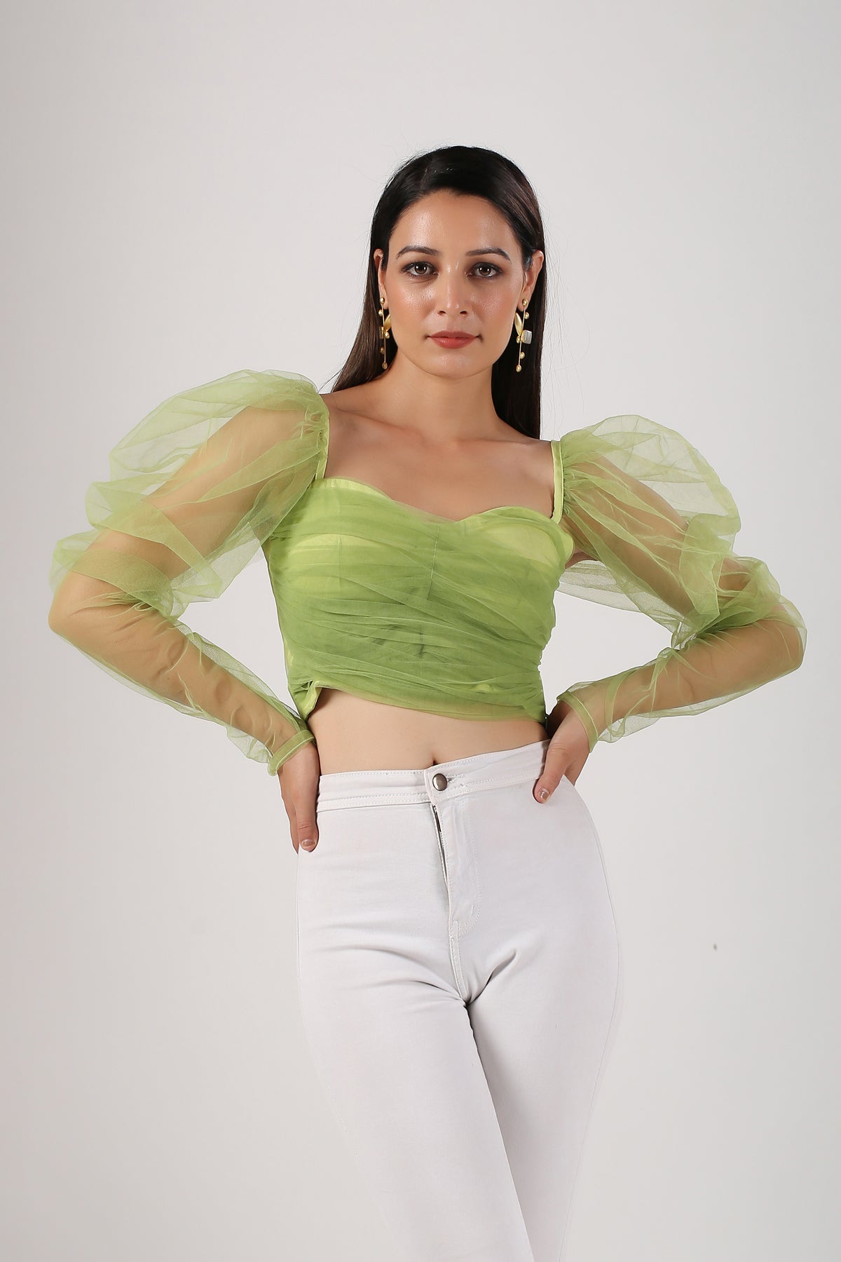 Trendy mesh crop top for women in light green with puffed sleeves and a fitted bodice