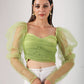 Trendy mesh crop top for women in vibrant green with puff sleeves and ruched design