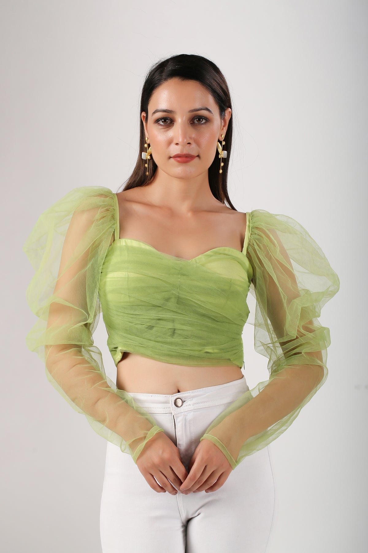Trendy mesh crop top for women in vibrant green with puff sleeves and ruched design
