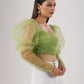 Trendy mesh crop top for women in green with puff sleeves, perfect for casual outings