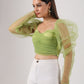 Trendy mesh crop top for women in green with puffy sleeves for a stylish look
