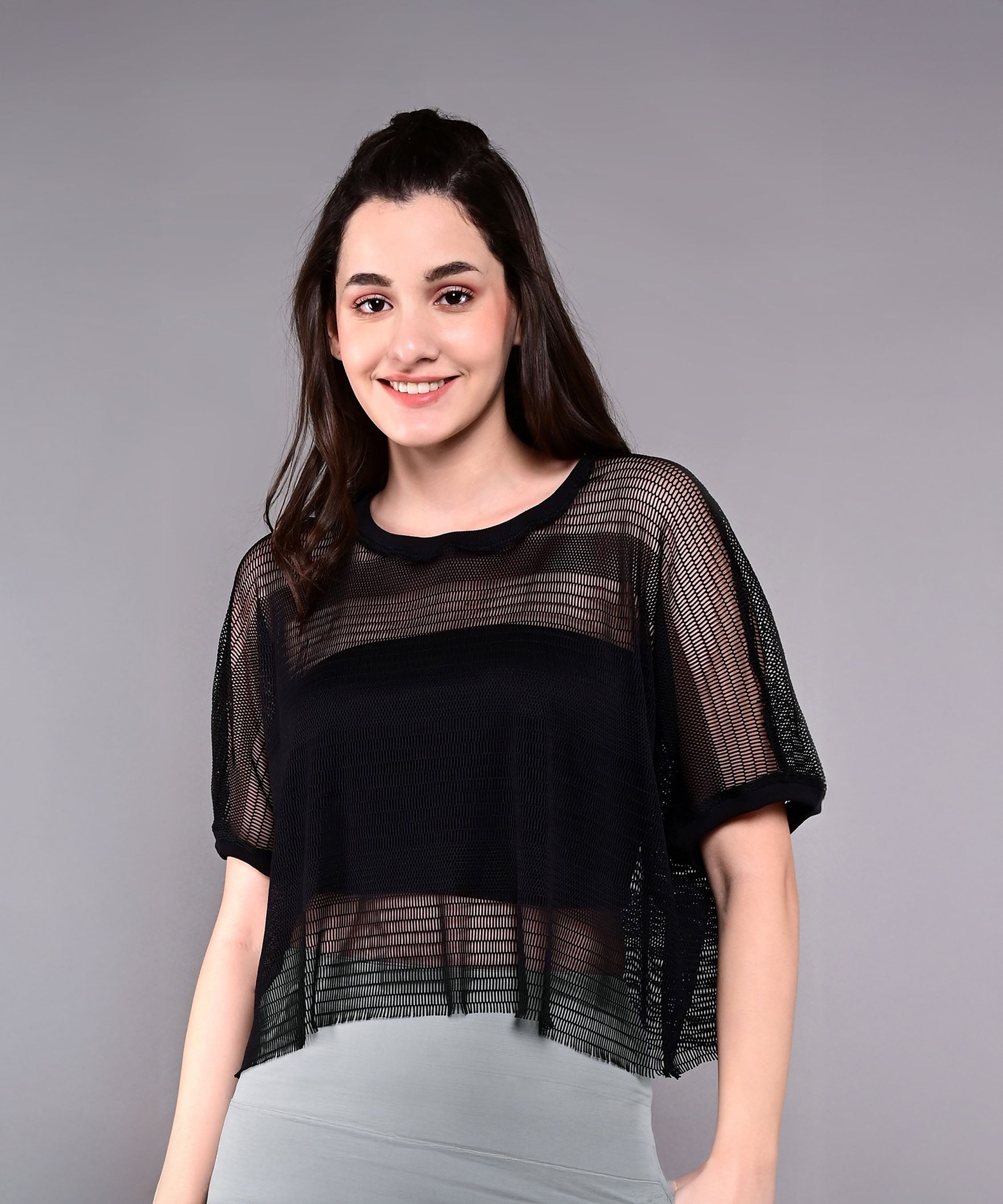 Stylera trendy mesh tops for women in black with a relaxed fit and stylish design