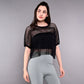 Black cropped trendy mesh tops for women with stylish sheer design for a modern look
