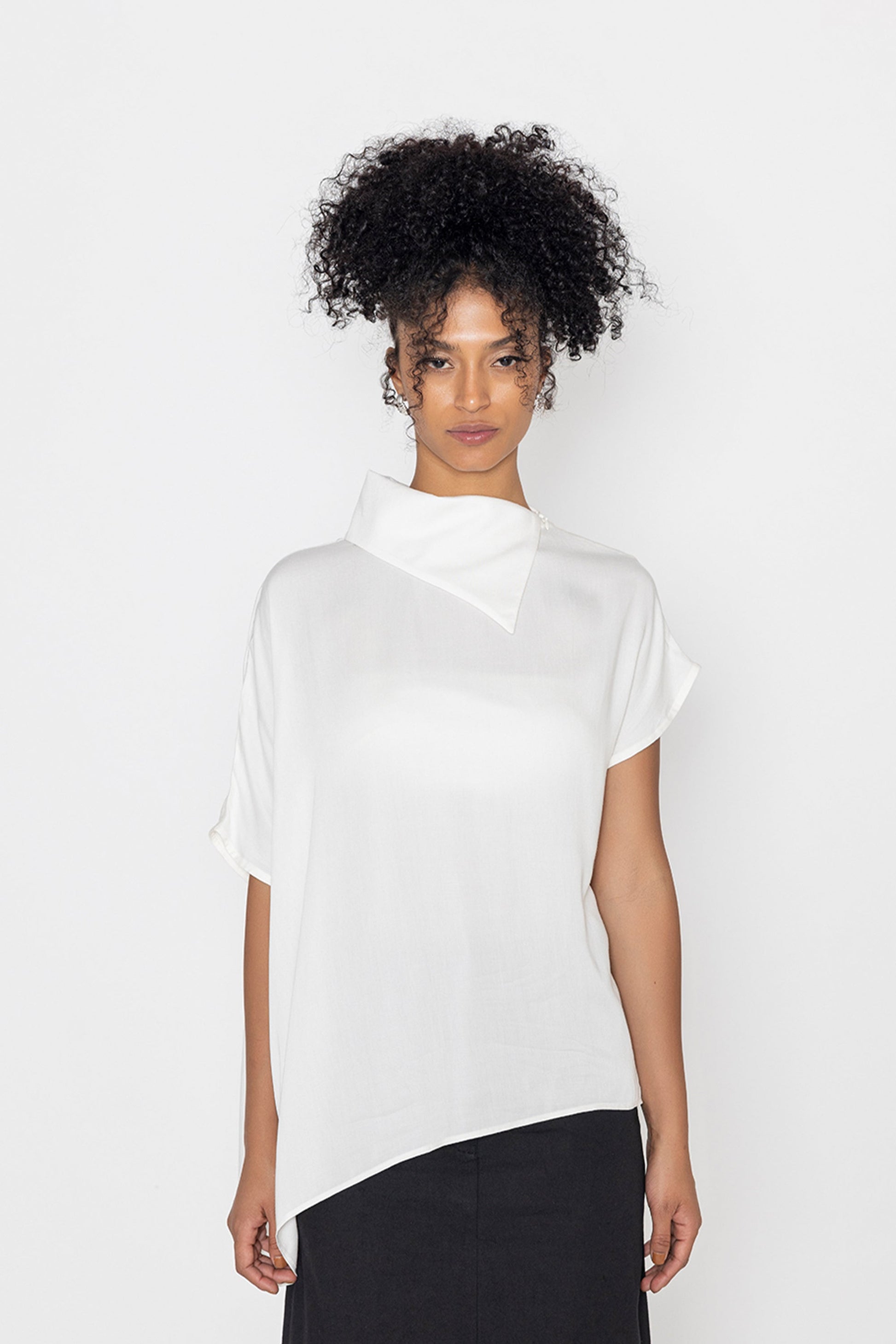 Contemponari trendy minimalist women’s top in white with asymmetrical collar and relaxed fit