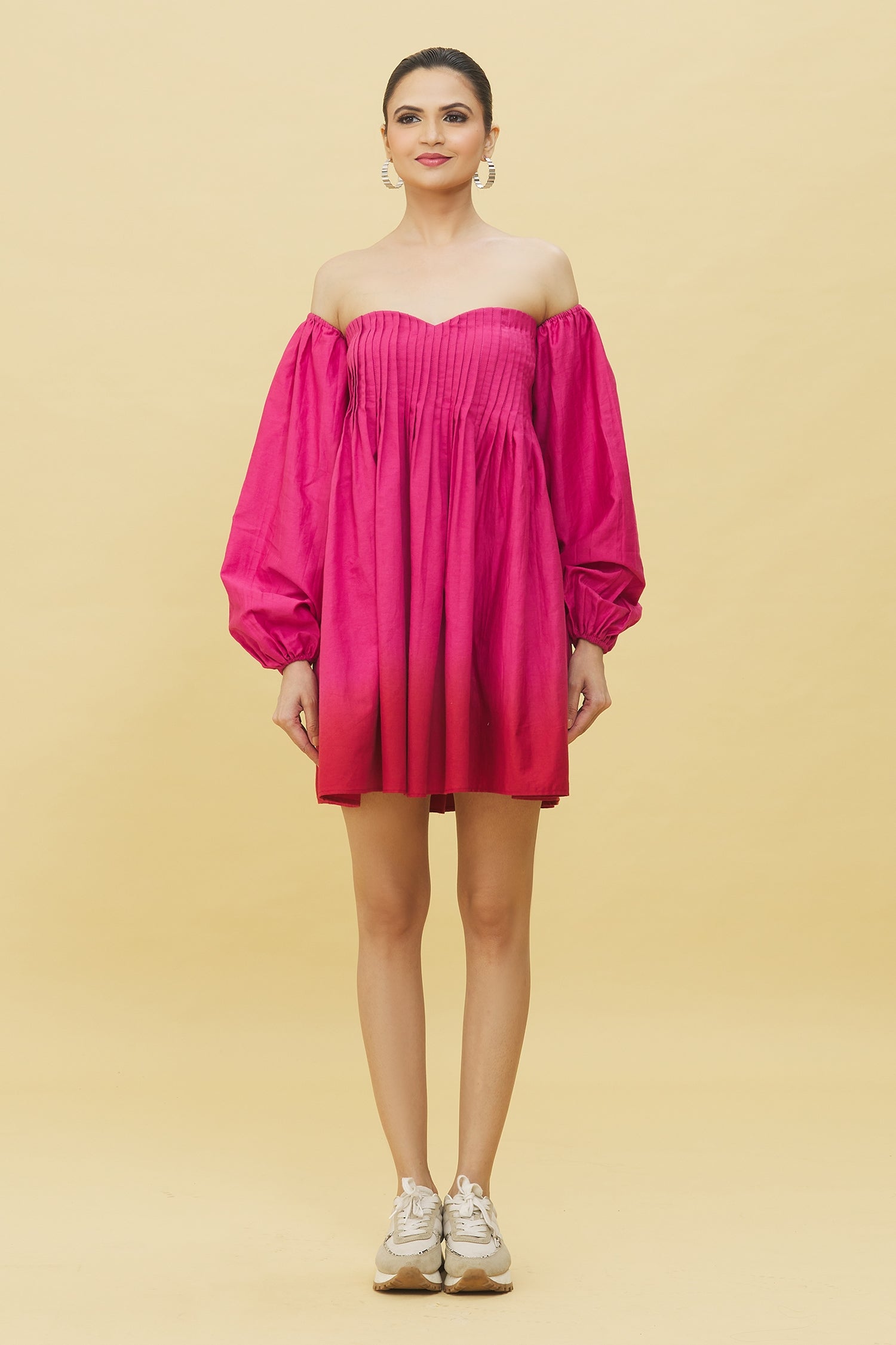 Trendy ombre mini dress for women in pink with off-shoulder sleeves and a flattering fit