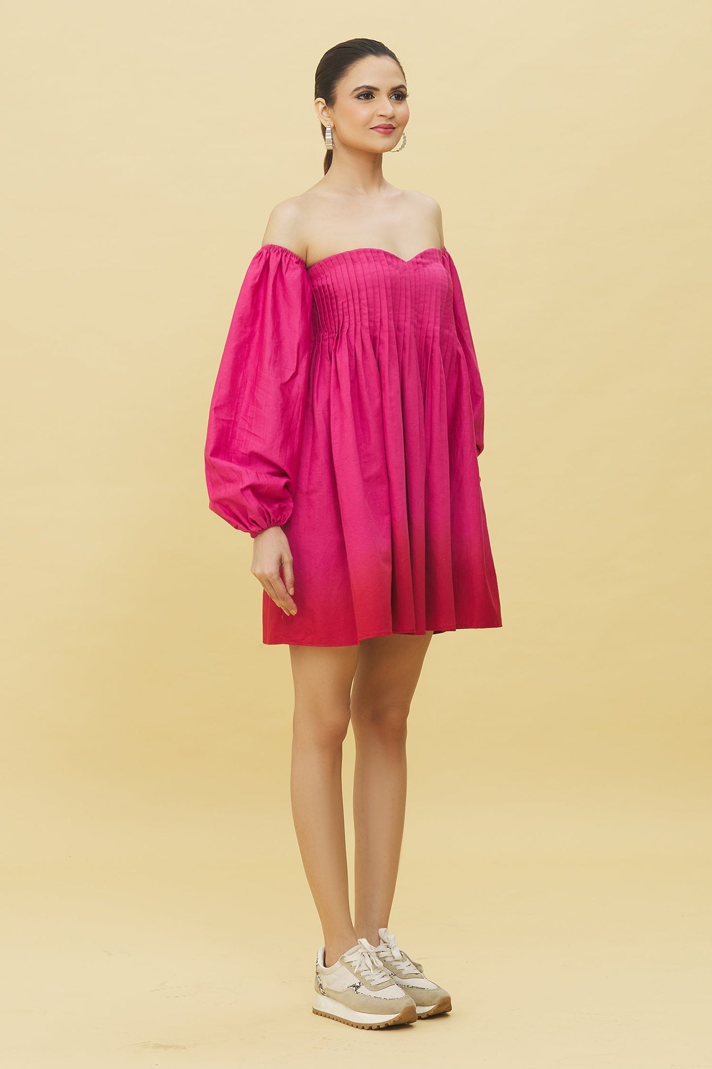 Trendy ombre mini dress for women with off-shoulder design and puff sleeves in vibrant pink