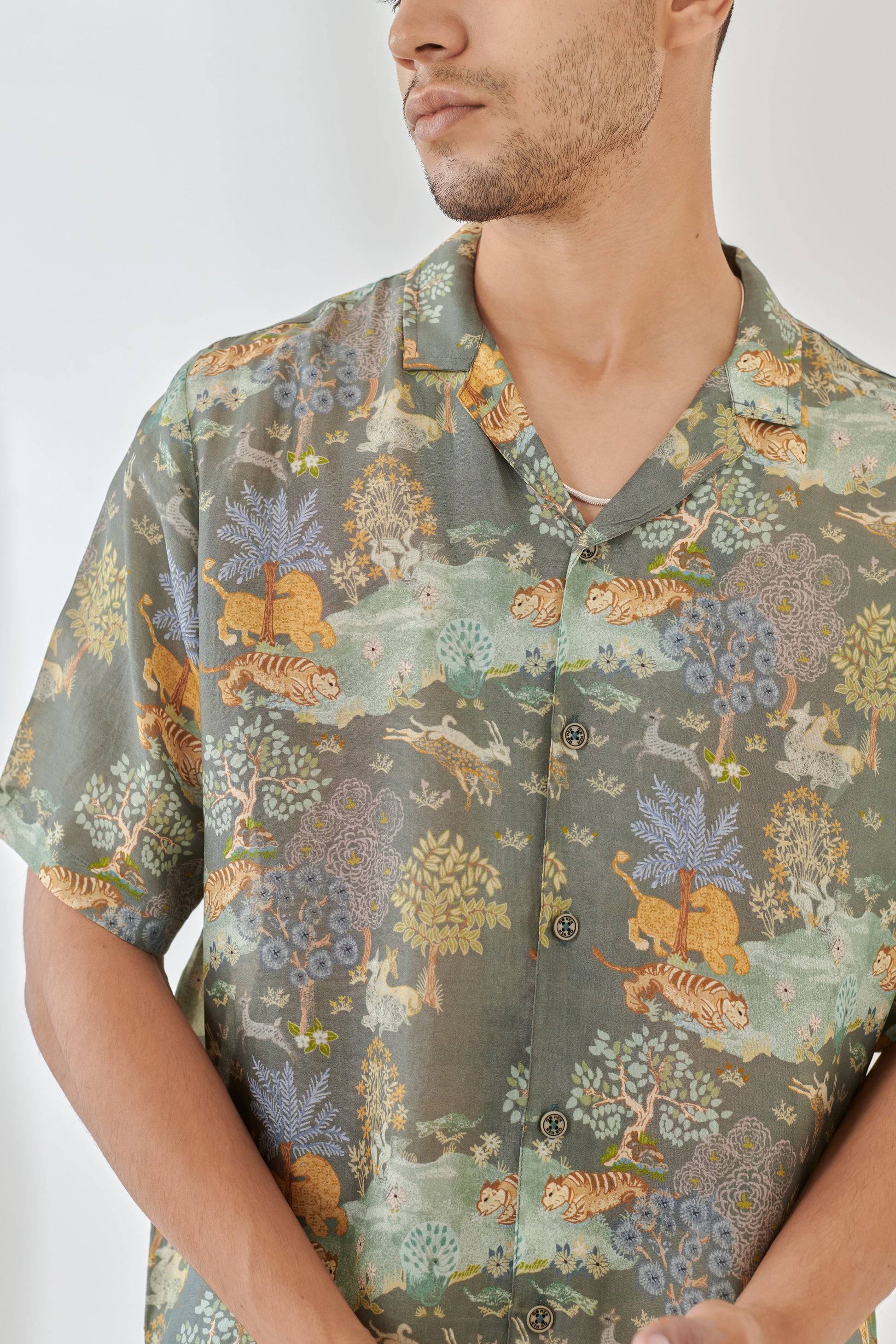 Trendy oversized shirts for men featuring a colorful wildlife print with tigers and trees