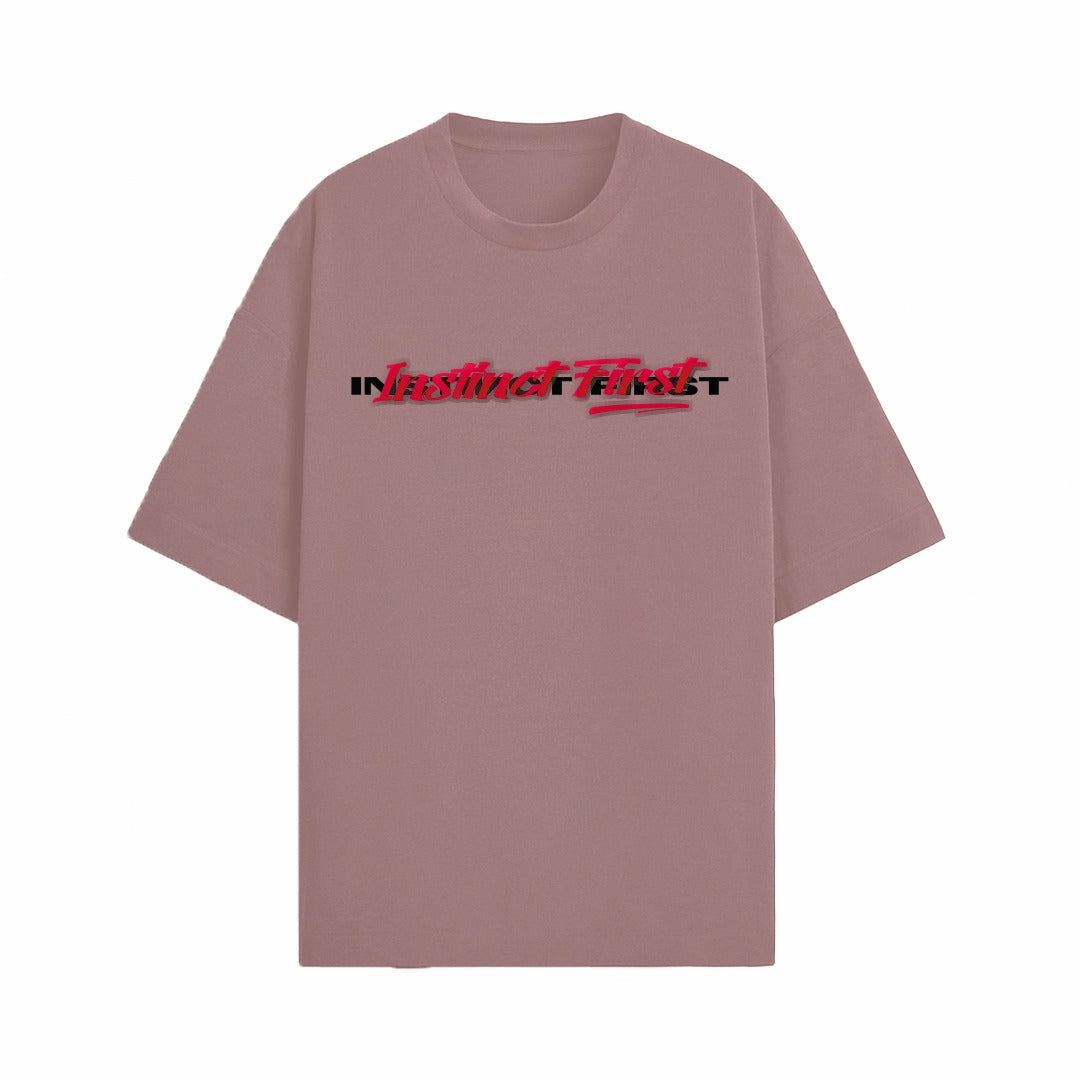 Stylera mauve oversized crewneck tee with black and red logo across chest trendy oversized t-shirt for women