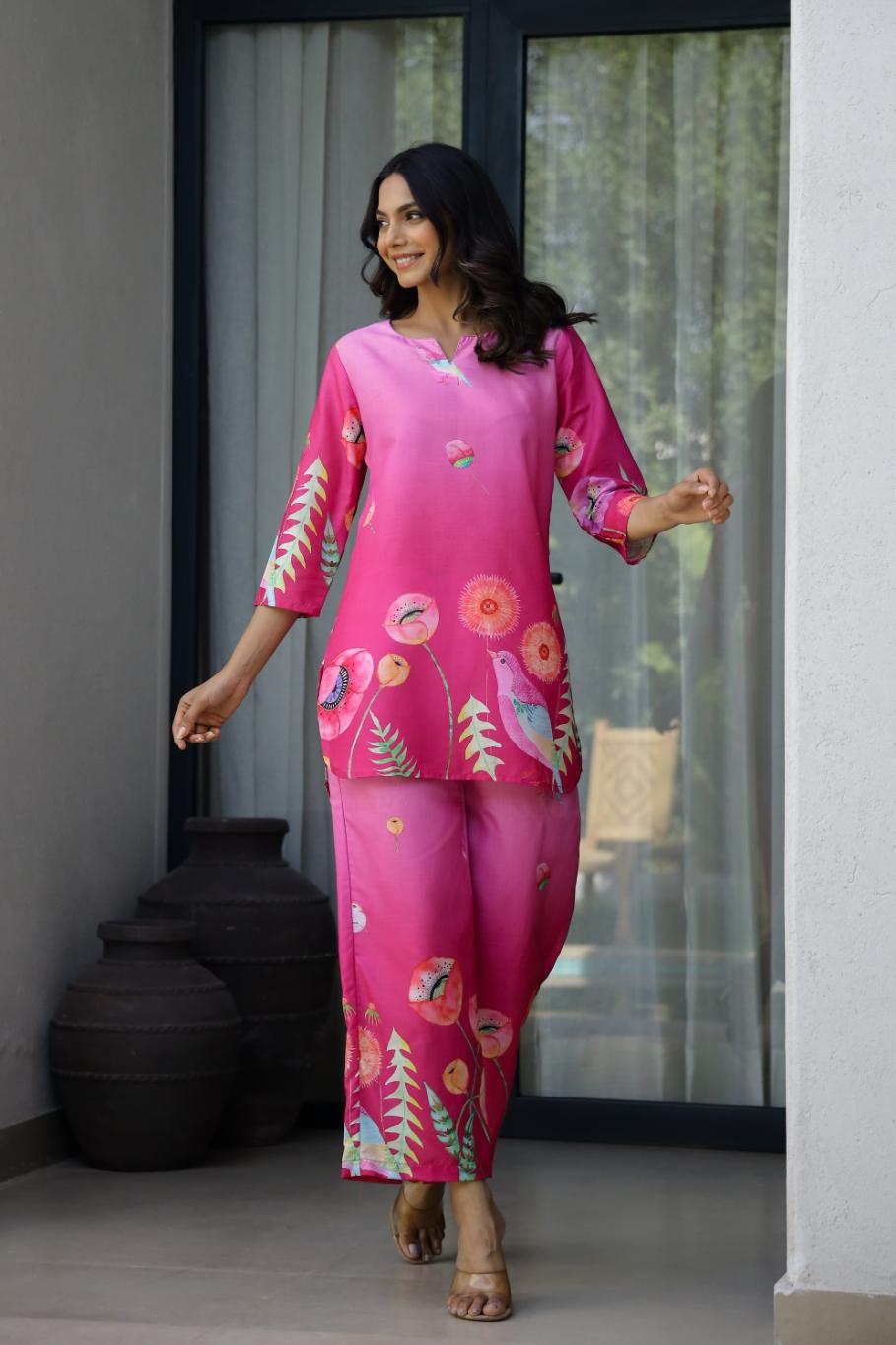 Trendy printed co-ord set for women in vibrant pink with floral patterns and stylish design