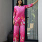 Trendy printed co-ord set for women in pink with floral designs, perfect for casual outings