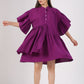 Trendy purple mini dress with puff sleeves and button details, perfect for stylish summer outings