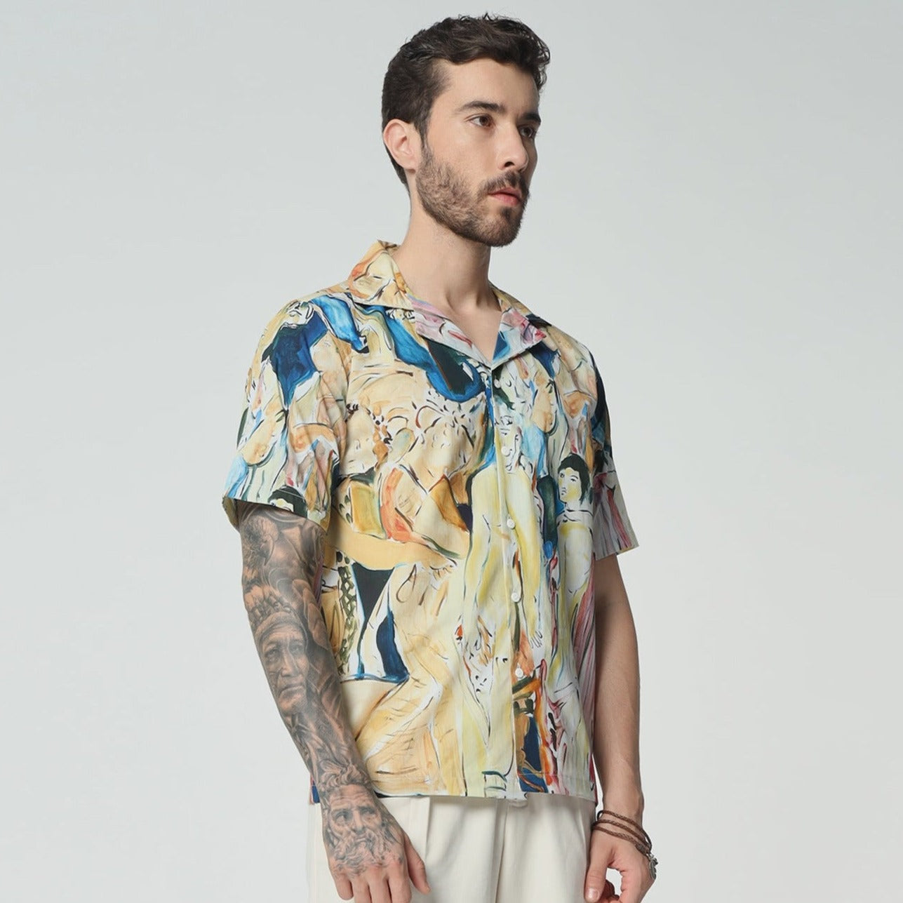 Stylera trendy short sleeve button up shirt with colorful artistic design, perfect for casual summer wear