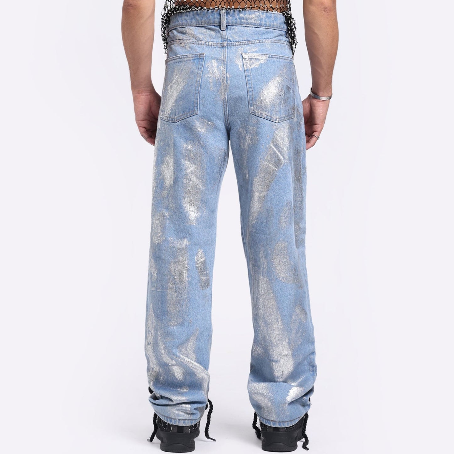 Stylera trendy silver washed denim pants with a relaxed fit and detailed back view