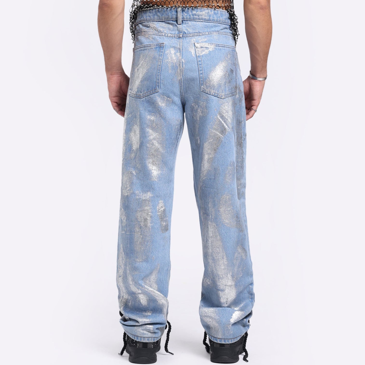 Stylera trendy silver washed denim pants with a relaxed fit and detailed back view