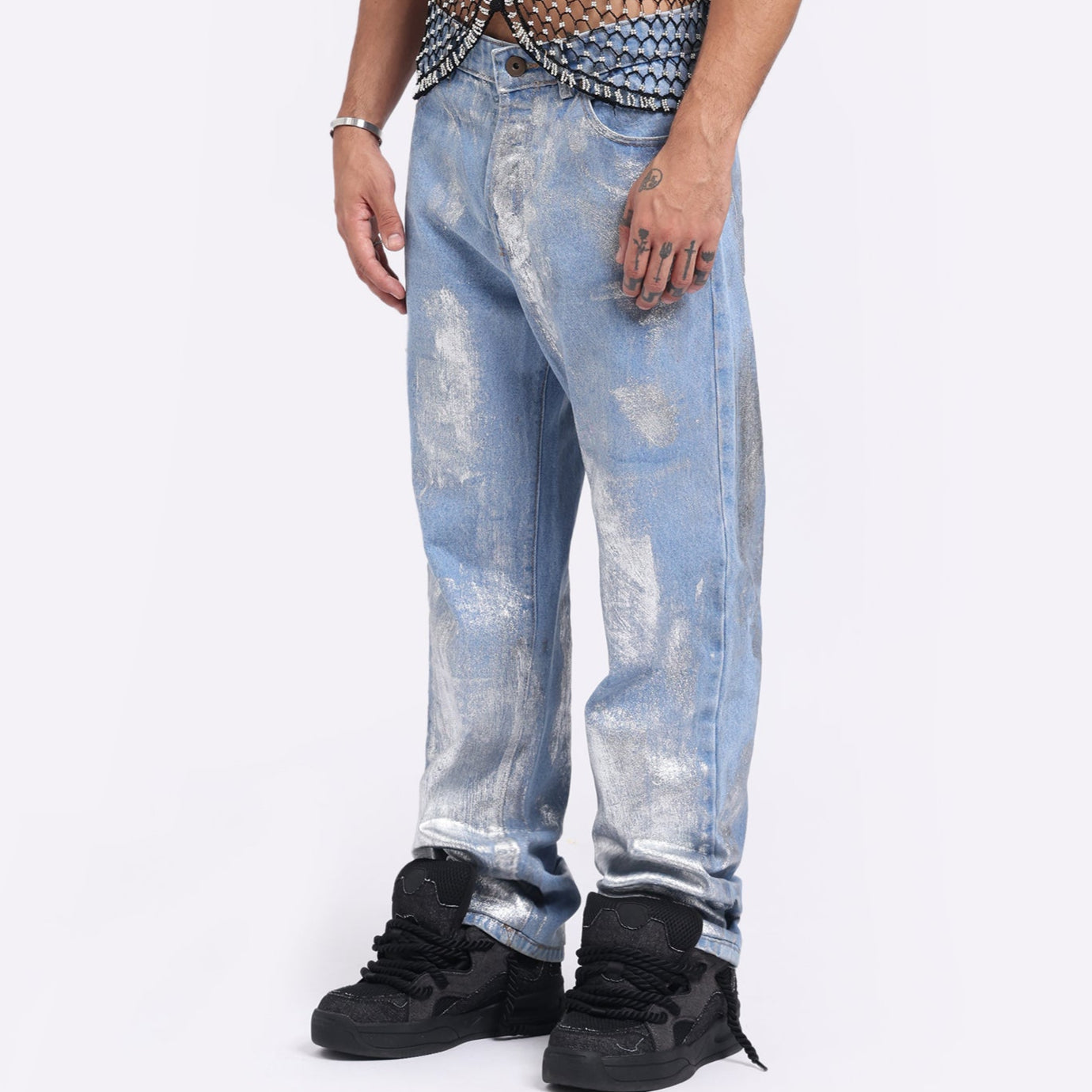 Stylera trendy silver washed denim pants showcasing a relaxed fit and stylish design.