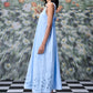 Stylera light blue sleeveless maxi dress with bow back and floral cutout hem on model trendy sleeveless maxi dresses