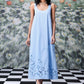 Stylera light blue sleeveless maxi dress with floral cutout hem and pearl necklace trendy sleeveless maxi dresses