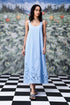 Stylera light blue sleeveless maxi dress with floral cutout hem and pearl necklace trendy sleeveless maxi dresses