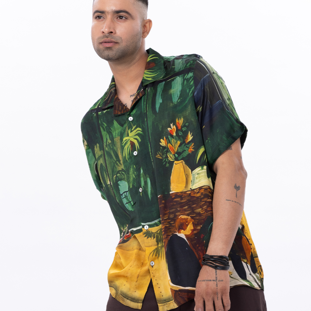 Stylera trendy statement shirts for men featuring a vibrant artistic print with bold colors and a relaxed fit