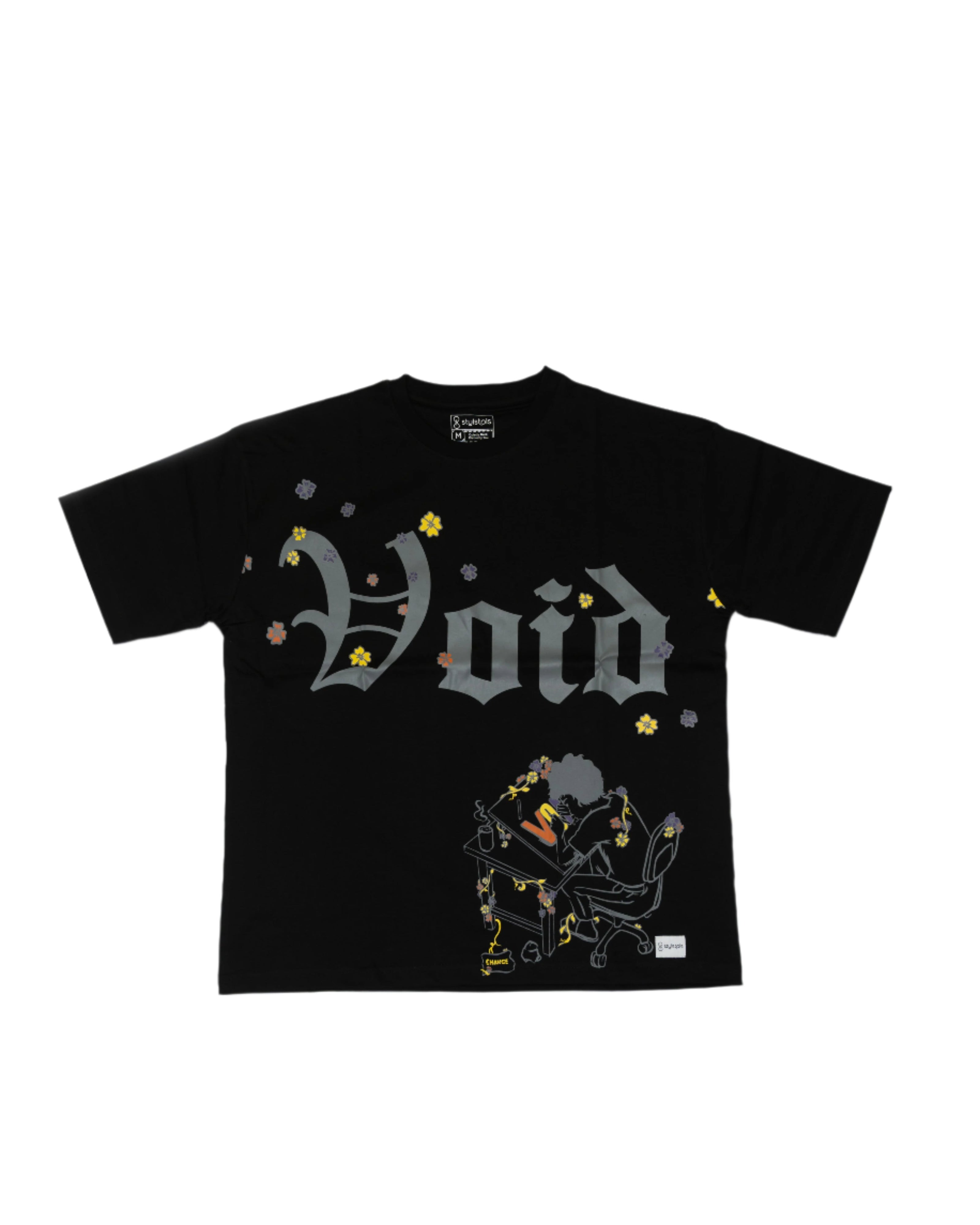 Stylstpls trendy streetwear black t-shirt featuring bold 'Void' graphic and floral designs