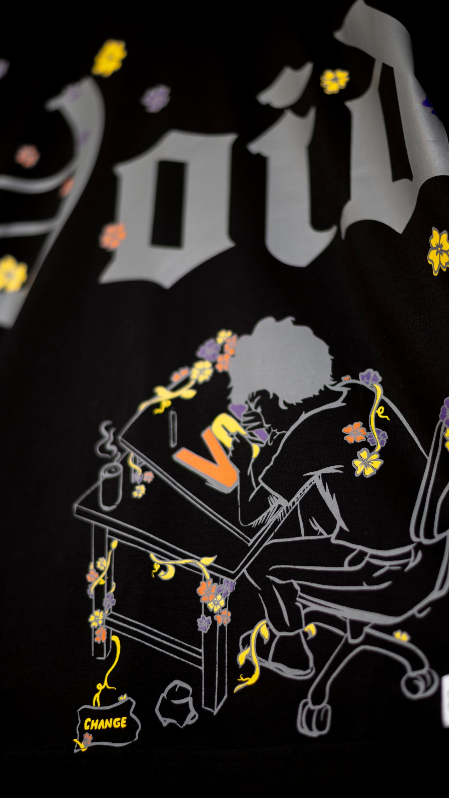Stylstpls trendy streetwear black t-shirt featuring a floral design and an artistic illustration