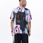 Stylish man wearing a trendy summer short sleeve shirt with abstract art design on the back