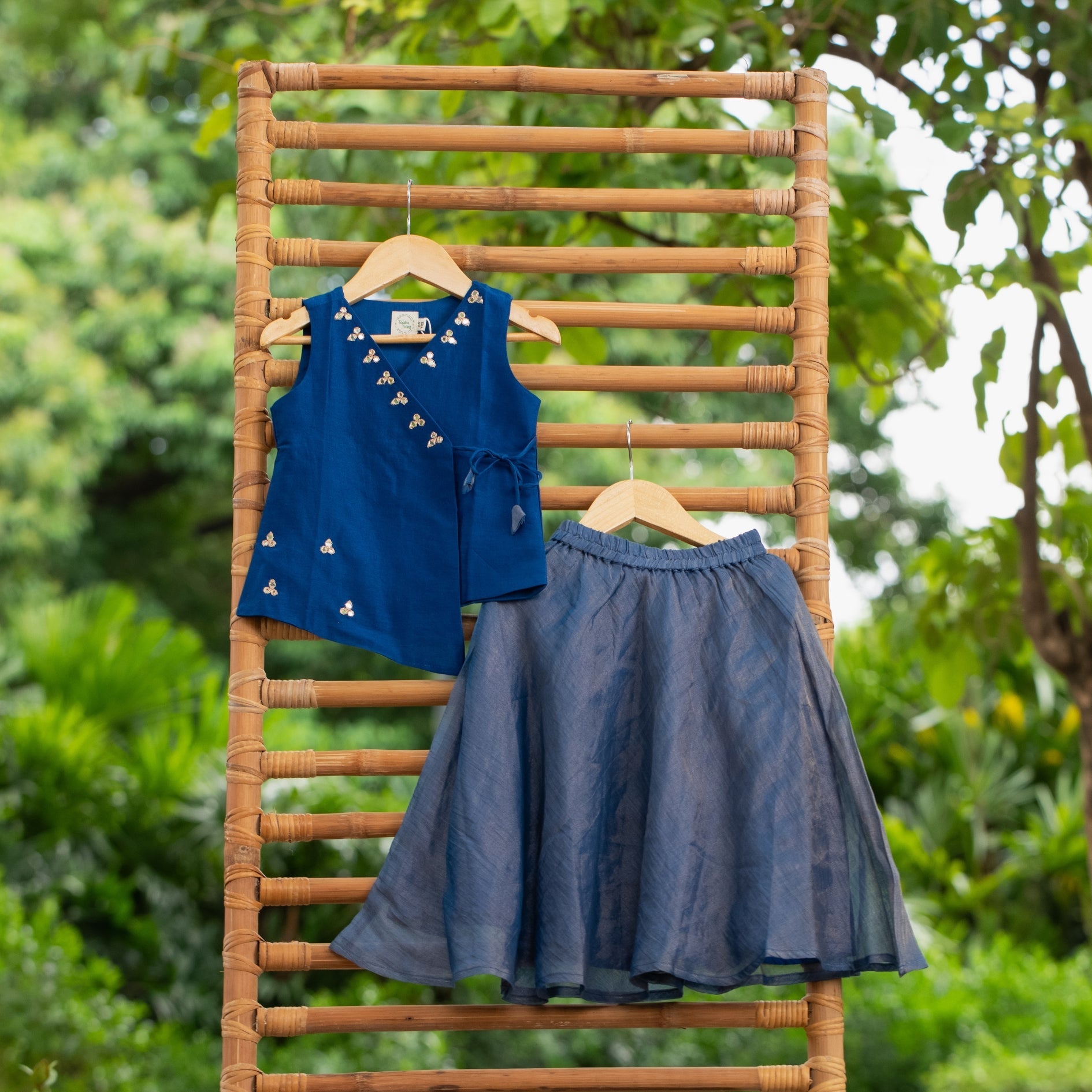 Stylish blue vest and flowy gray skirt set, perfect trendy traditional outfits for girls