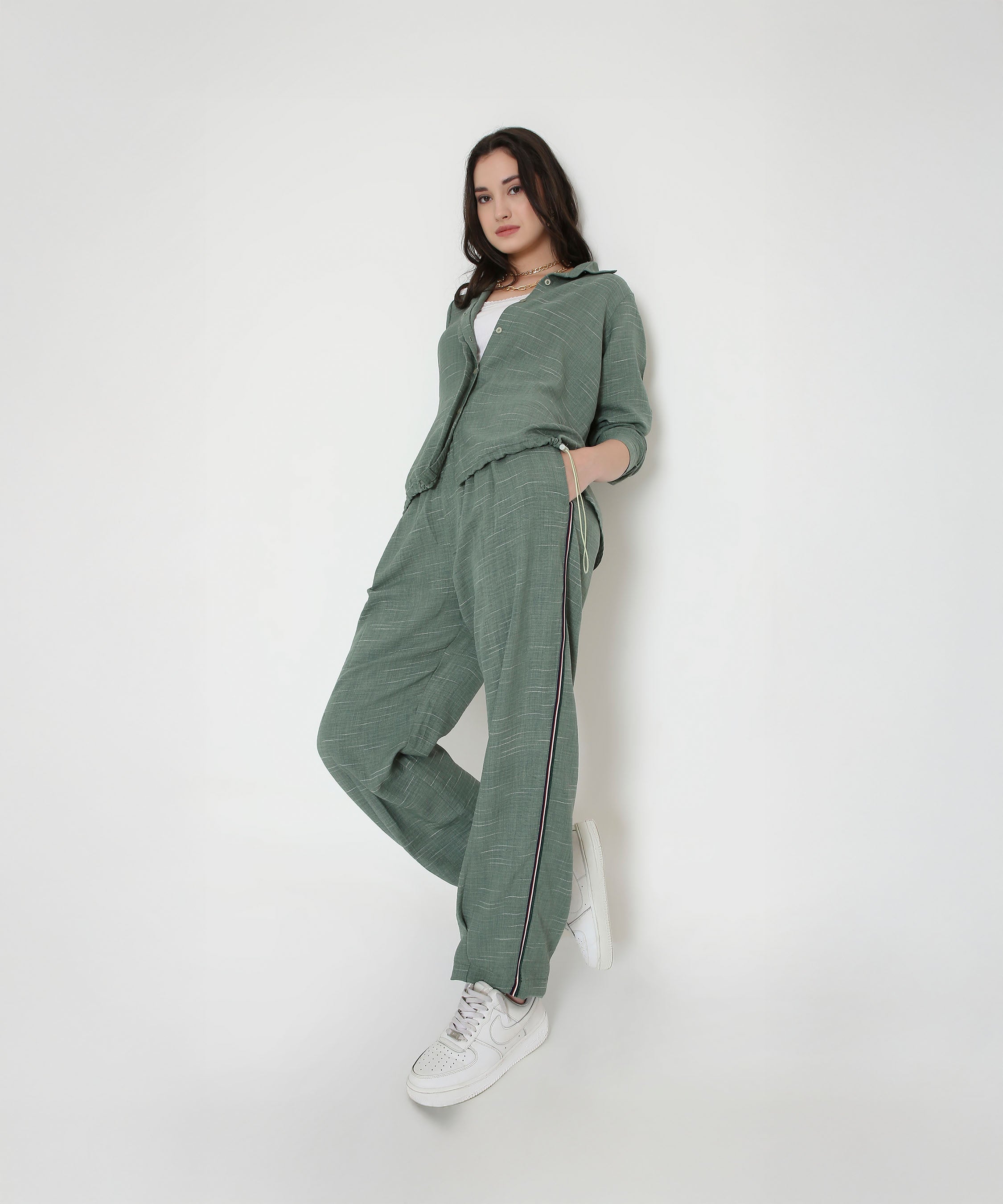 Trendy two piece cord set in green with stylish design for casual wear